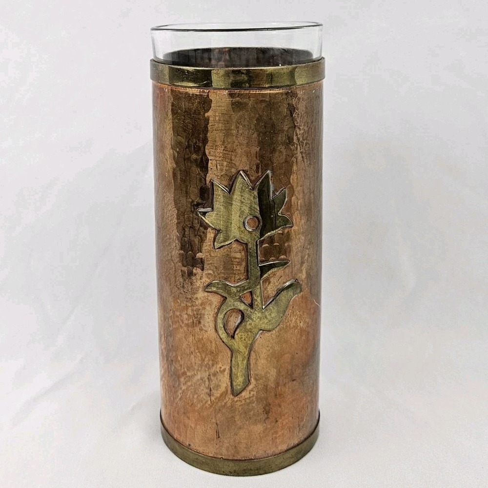 Hammered Copper Vase Applied Brass Flower Vintage Folk Art Arts & Crafts